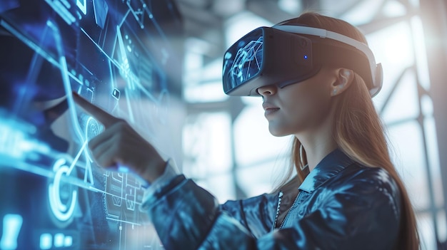 Фото futuristic ar workspace woman in virtual reality glasses with holographic infographic