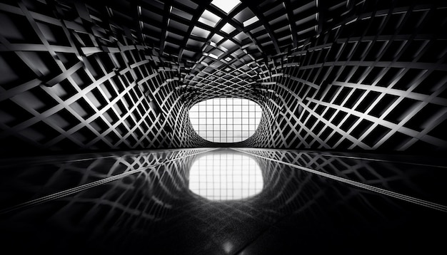 Футуристическая архитектура отражает абстрактные формы в современном геометрическом коридоре, созданном искусственным интеллектом.
