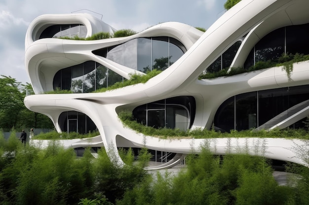 Футуристическая архитектура экологичный дизайн здания окрашен в белый цвет Генеративный AI AIG18