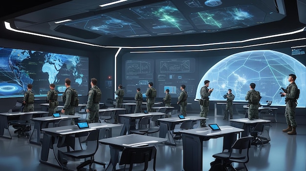 A futuristic army classroom holographic display virtual integrated into the learning experience