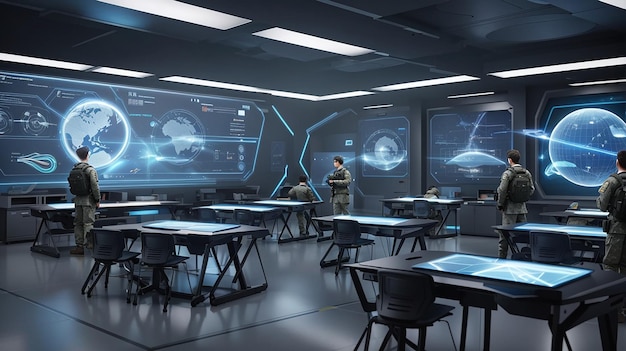 A futuristic army classroom holographic display virtual integrated into the learning experience