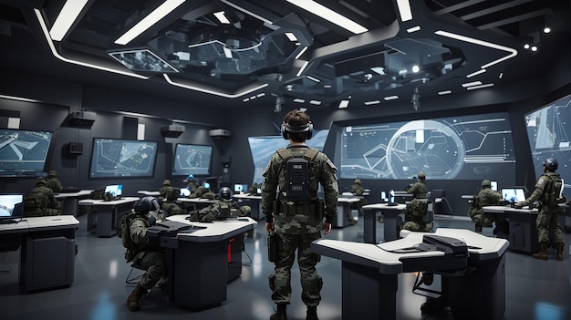 A futuristic army classroom holographic display virtual integrated into the learning experience