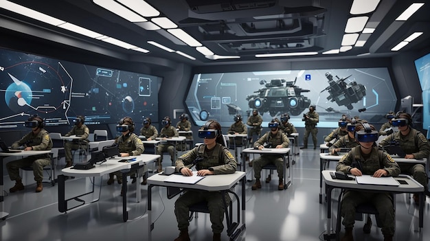 A futuristic army classroom holographic display virtual integrated into the learning experience