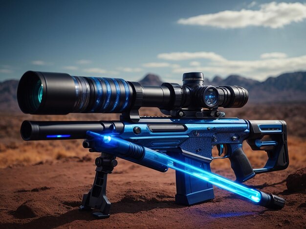 Новейшее оружие футуристической армии - светящаяся синяя энергетическая винтовка с выдвижным штыком