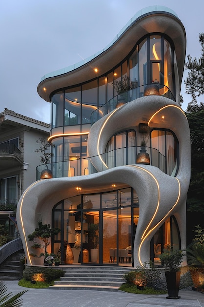 Футуристический дом в стиле модерн будущее здание умное нереальное городское пространство абстрактная технология модернизм