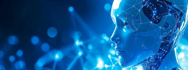 Futuristic artificial intelligence concept with digital humanoid face in blue virtual network