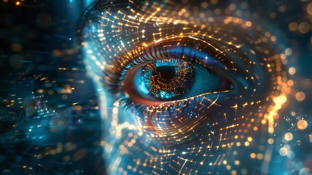 사진 futuristic artificial intelligence eye closeup background lights