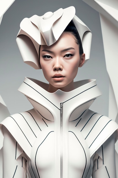 Футуристическая элегантность азиатской женщины, воплощенная в белом наряде и многоугольном шлеме