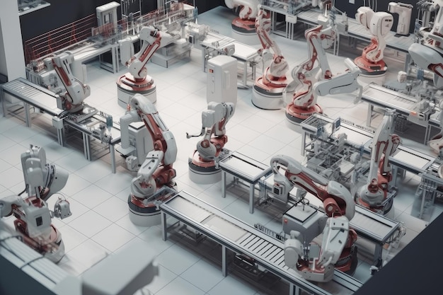 Futuristic assembly line with floating robotic arms and drones assembling intricate devices