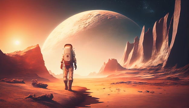 Futuristic astronaut on alien planet Mars exploration space exploration concept Generative AI