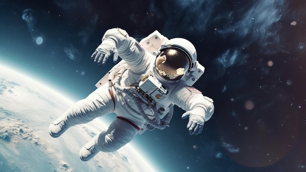 Футуристический астронавт в открытом космосе на фоне планеты Земля Астронавт одет в элегантный высокотехнологичный скафандр Генеративный ИИ