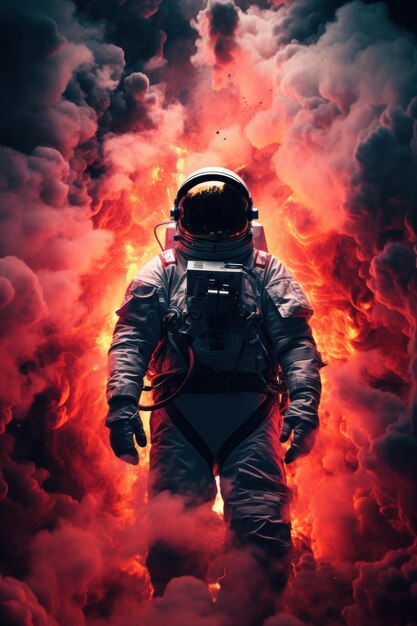 Futuristic astronaut in space in the heart of explosion a lot of fire and smoke