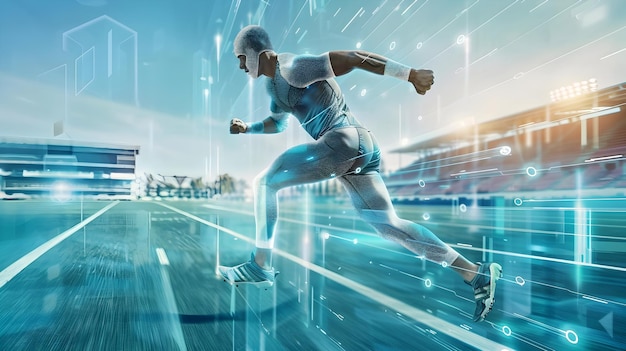 Photo futuristic athlete competing in hightech stadium