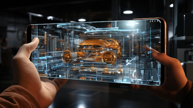 Foto progettazione futuristica di auto in realtà aumentata visualizzata tramite smartphone in uno spazio di lavoro ad alta tecnologia