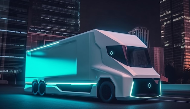 Foto futuristico camion di carico senza equipaggio automatizzato con lato vuoto modellato per le strade della città in luce al neon generata dall'ai