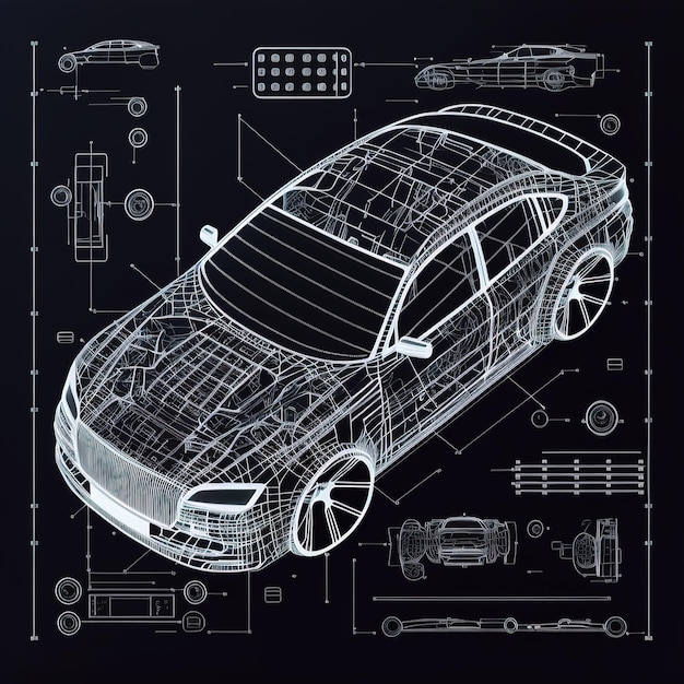 Фото Футуристические автомобильные технологии схема автомобиля или чертеж автомобилявид сверху седан автомобиль в общих чертах