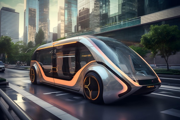 Foto futuristico veicolo elettrico autonomo sulla strada della città