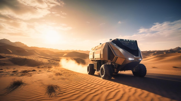 A futuristic autonomous truck driving on a desert road showcasing its ability to operate in remote and challenging environments