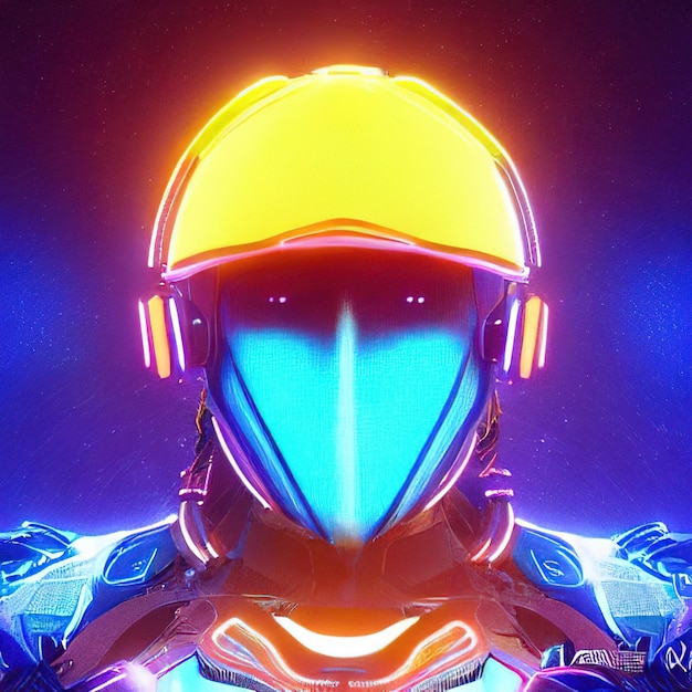 Futuristic avatar in neon colors with headphones helmet cyberpunk concept