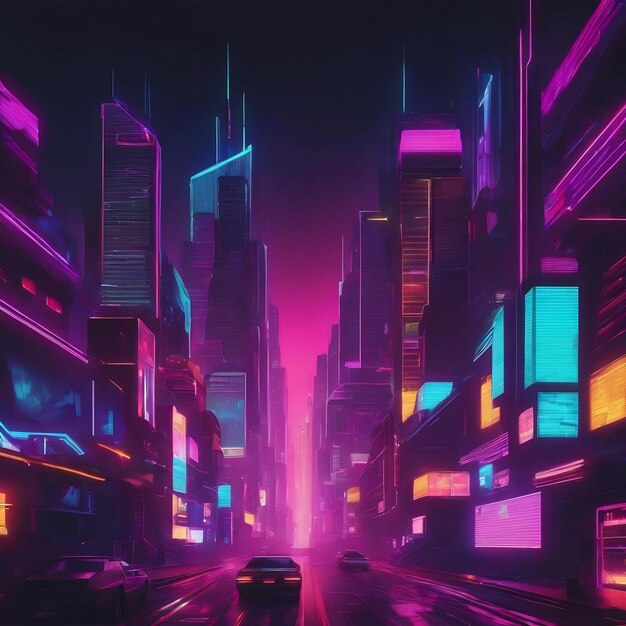 Futuristic background 80s retro style dark neon city creative illustration ai generate