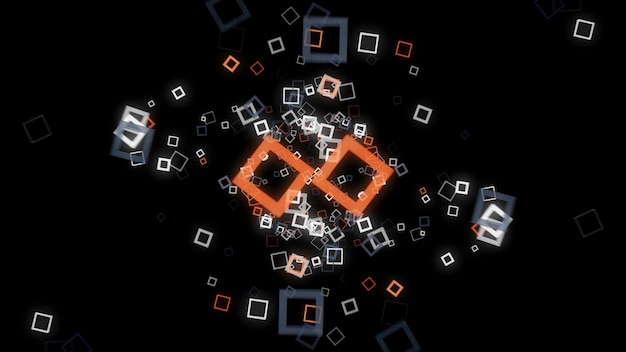 Foto sfondo futuristico di cornici quadrate al neon con animazione cubica su sfondo nero sparse