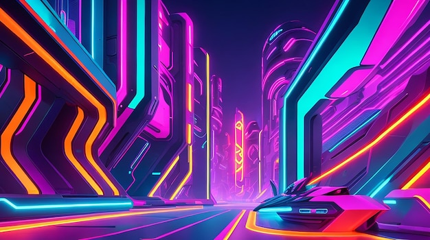 A futuristic background design with a blend of neon colors and futuristic shapes