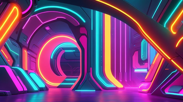 A futuristic background design with a blend of neon colors and futuristic shapes