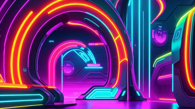 A futuristic background design with a blend of neon colors and futuristic shapes