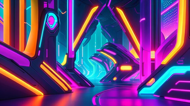 A futuristic background design with a blend of neon colors and futuristic shapes