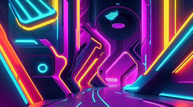 A futuristic background design with a blend of neon colors and futuristic shapes