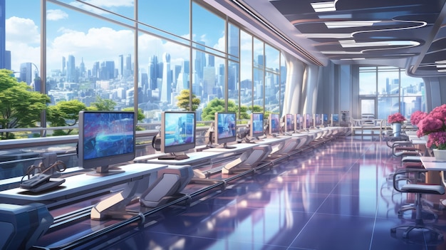 A futuristic background portraying a hightech classroom