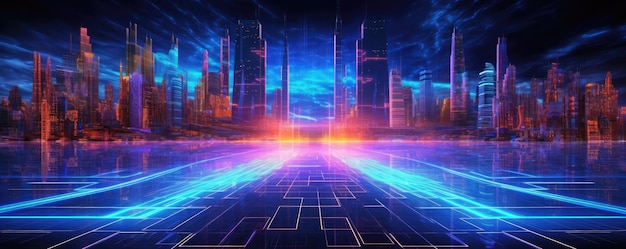 Футуристический фон со светящимися неоновыми огнями и панорамой цифровых элементов