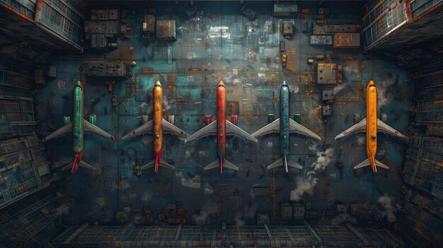 Photo futuristic background with a lot of airplanes