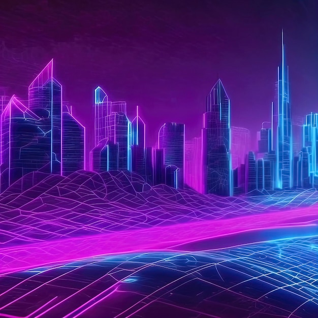 Futuristic background with pink blue glowing neon lines city architecture buildings ai generated