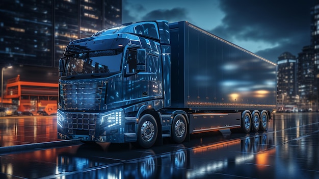 Photo futuristic background with a truck and a cargo truck