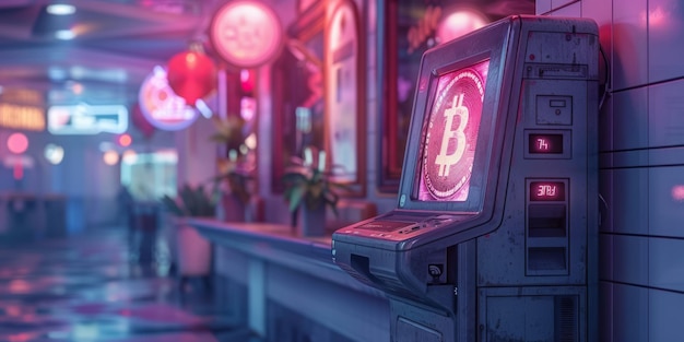 Futuristic bank teller specialized in bitcoin interactive display