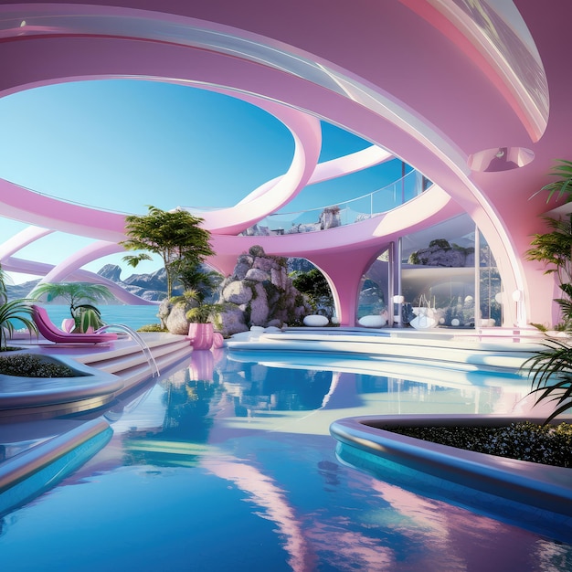 futuristic Barbie house environment near swimming pool