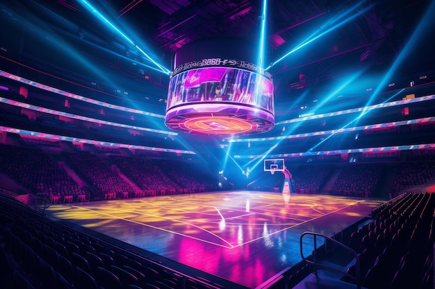 Futuristic basketball arena with neon lights