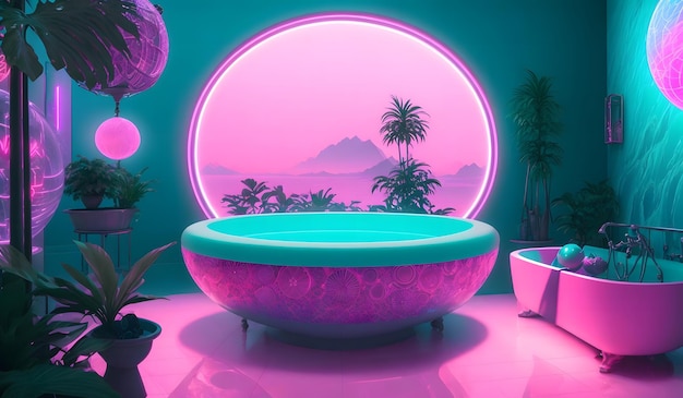 Futuristic bathroom with neon lights generative ai