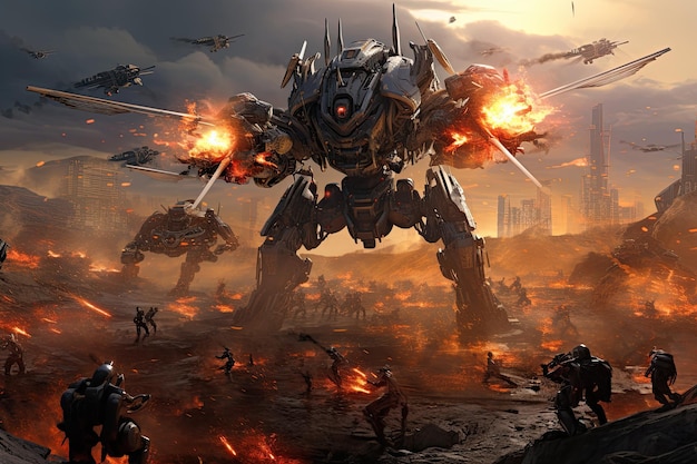 Futuristic battle scene with flying robots and soldiers 3D rendering AI War Machines An image displaying a variety of robots AI Generated