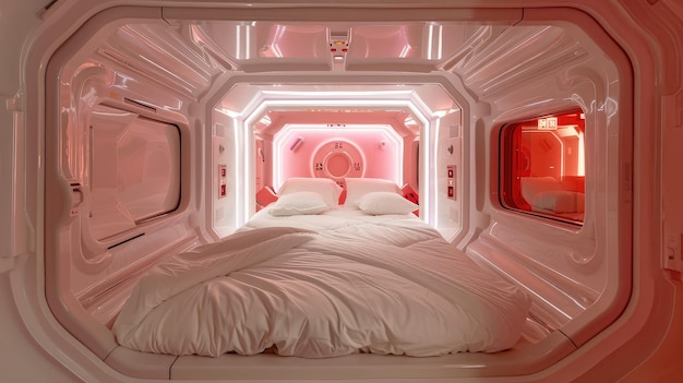 Foto bed futuristico hotel in capsula spaziale