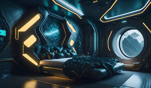 Futuristic bedroom in spaceship background Generative AI