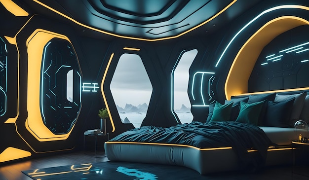 Futuristic bedroom in spaceship background Generative AI