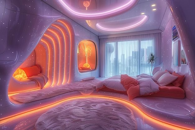 Футуристическая спальня с динамическим освещением и модульной мебелью