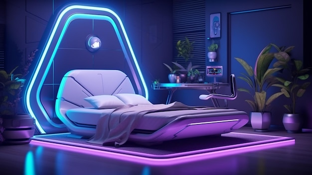 Футуристическая спальня с мебелью, пустая квартира или интерьер космического корабля с неоновой светящейся кроватью