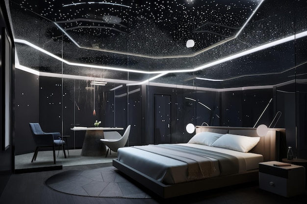 Футуристическая спальня со стеклянным потолком, звездным небом и плавающей мебелью