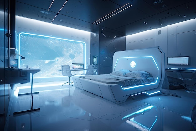 Futuristic bedroom with holographic displays and interactive controls