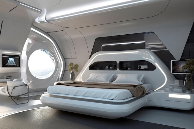 Futuristic bedroom with metallic accents and sleek design elements