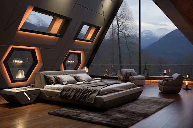 A futuristic bedroom with a minimalist concept and black and white monochromatic colors