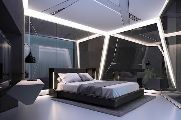 Futuristic bedroom with sleek and futuristic design featuring metallic accents and glass panels
